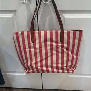 Sole Society Pink and Cream Striped Canvas Tote with Brown Handles